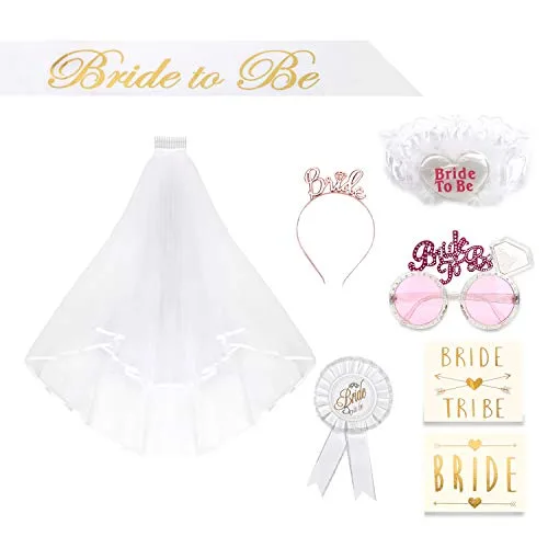Winload 18 Pcs Enterrement de Vie de Jeune Fille Accessoires, Voile de Mariée avec Peigne, Écharpe, Tatouage,Lunettes…