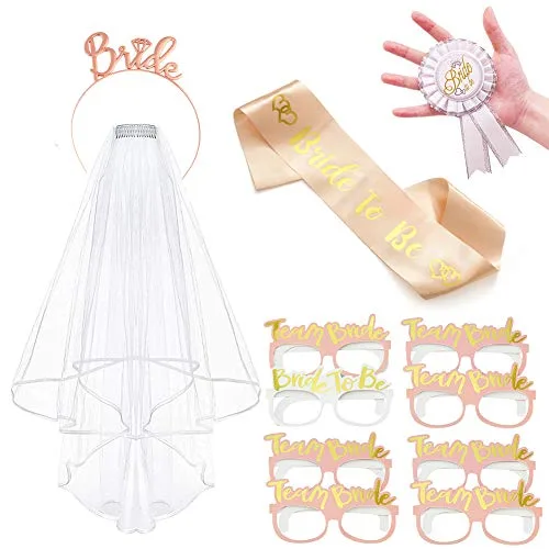 Voile de mariée Accessoires, 12 Pcs Vibury EVJF Accessoire Bride to be écharpe, Diadème de Mariage, Lunettes, Rosette…