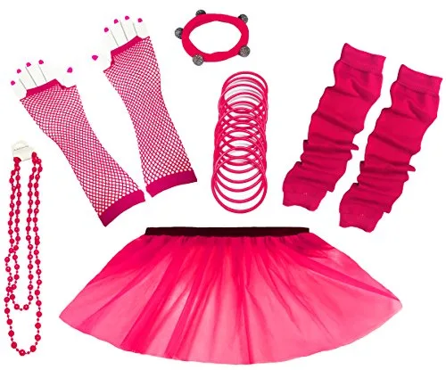 A-Express 1980s Femme Adulte Neon Tutu Jupe Jambières Collier Gants Résille Partie Complet Déguisement Ensemble -Rose…